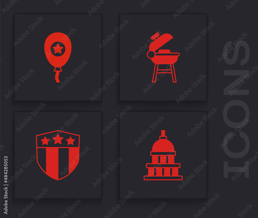Set White House, Balloons, Barbecue grill and Shield with stars icon. Vector