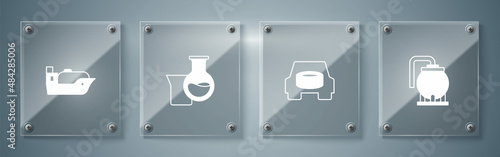 Set Oil tank storage, Spare wheel in the car, petrol test tube and tanker ship. Square glass panels. Vector