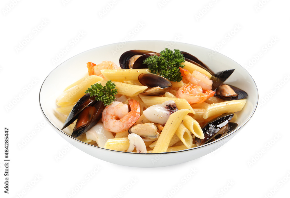 Delicious pasta with sea food isolated on white Delicious pasta with sea food isolated on white