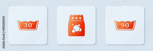 Set Laundry detergent, Temperature wash and . White square button. Vector