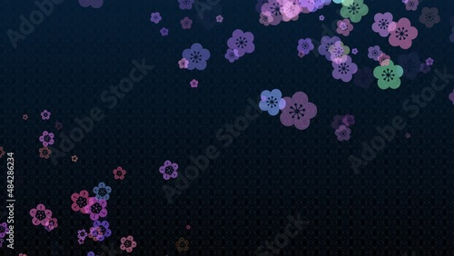 風に流れ舞う梅模様アニメーション　紺色の背景　コピースペース