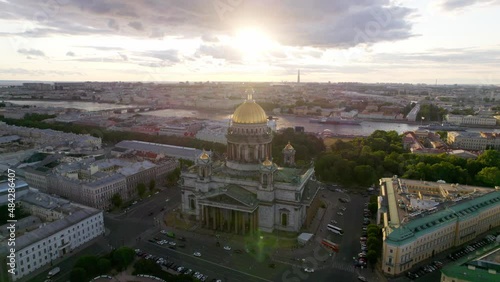 Golden dome of Isaac cathedral at sunrise dron.