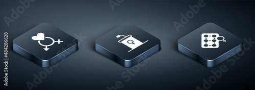 Set Isometric Gender, Packaging of birth control pills and Debate podium rostrum icon. Vector