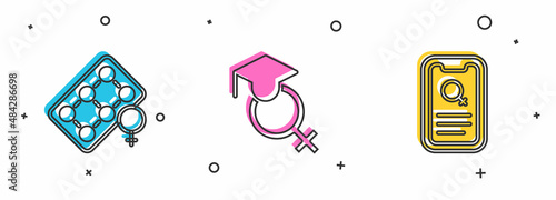 Set Packaging of birth control pills, Teacher and Dating app icon. Vector