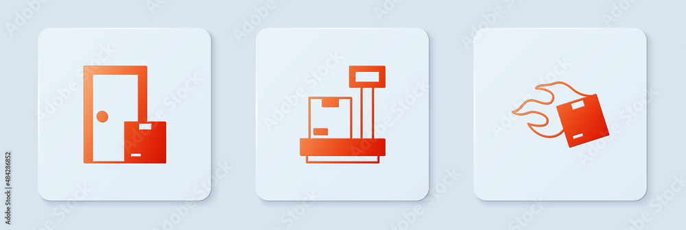 Set Scale with cardboard box, Home delivery services and Carton. White square button. Vector Set Scale with cardboard box, Home delivery services and Carton. White square button. Vector