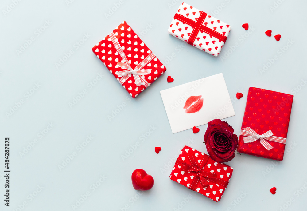 Flat lay compositions with gift boxes. Valentines day, beverage concept, romance surprise, banner, flyer Flat lay compositions with gift boxes. Valentines day, beverage concept, romance surprise, banner, flyer