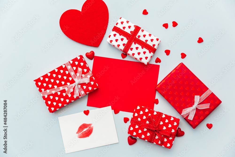 Flat lay compositions with gift boxes. Valentines day, beverage concept, romance surprise, banner, flyer Flat lay compositions with gift boxes. Valentines day, beverage concept, romance surprise, banner, flyer