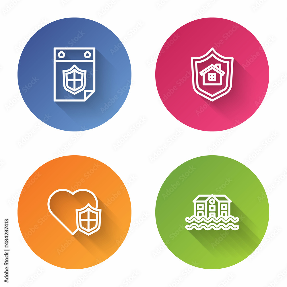Set line Calendar with shield, House, Life insurance and flood. Color circle button. Vector Set line Calendar with shield, House, Life insurance and flood. Color circle button. Vector