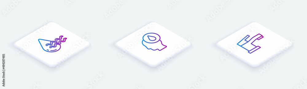 Set Isometric line Recycle clean aqua, Water drop and tap. White square button. Vector