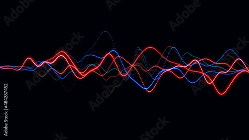 Abstract smooth colorful dynamic music wave with dots. Audio digital equalizer technology. Glowing electric waves on dark background. 3d rendering
