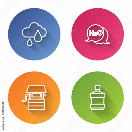 Set line Cloud with rain, Chemical formula for H2O, Well bucket and Big bottle clean water. Color circle button. Vector