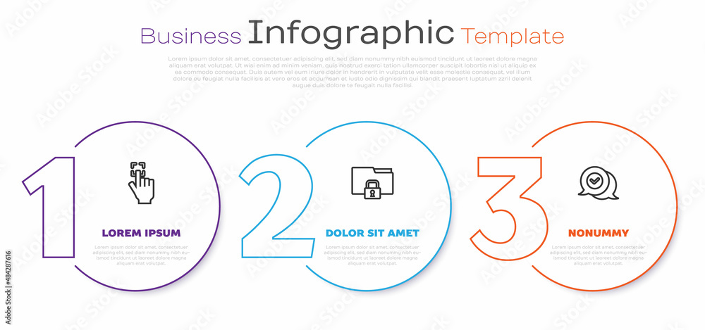 Set line Fingerprint, Folder and lock and Check mark speech bubble. Business infographic template. Vector Set line Fingerprint, Folder and lock and Check mark speech bubble. Business infographic template. Vector