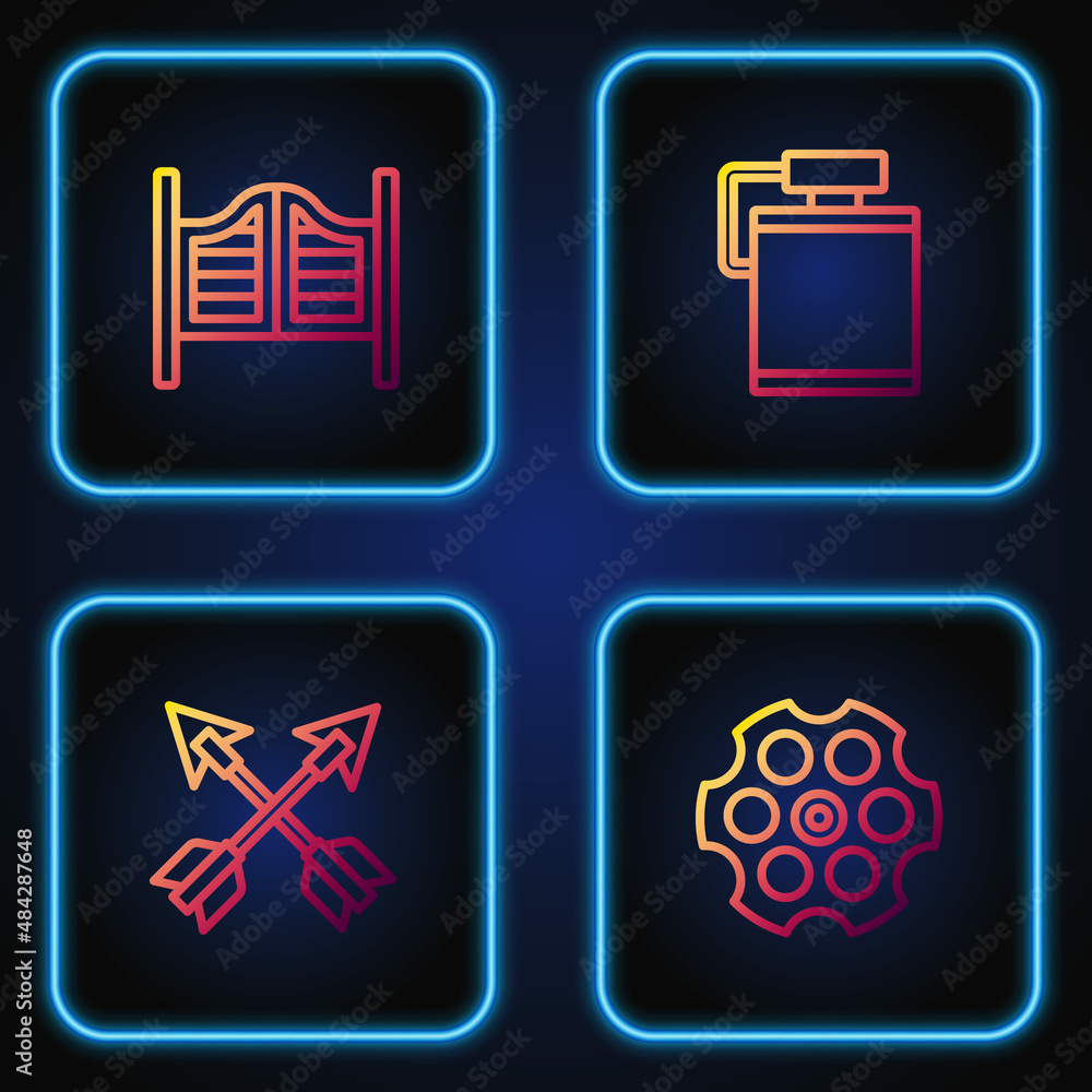 Set line Revolver cylinder, Crossed arrows, Saloon door and Canteen water bottle. Gradient color icons. Vector Set line Revolver cylinder, Crossed arrows, Saloon door and Canteen water bottle. Gradient color icons. Vector
