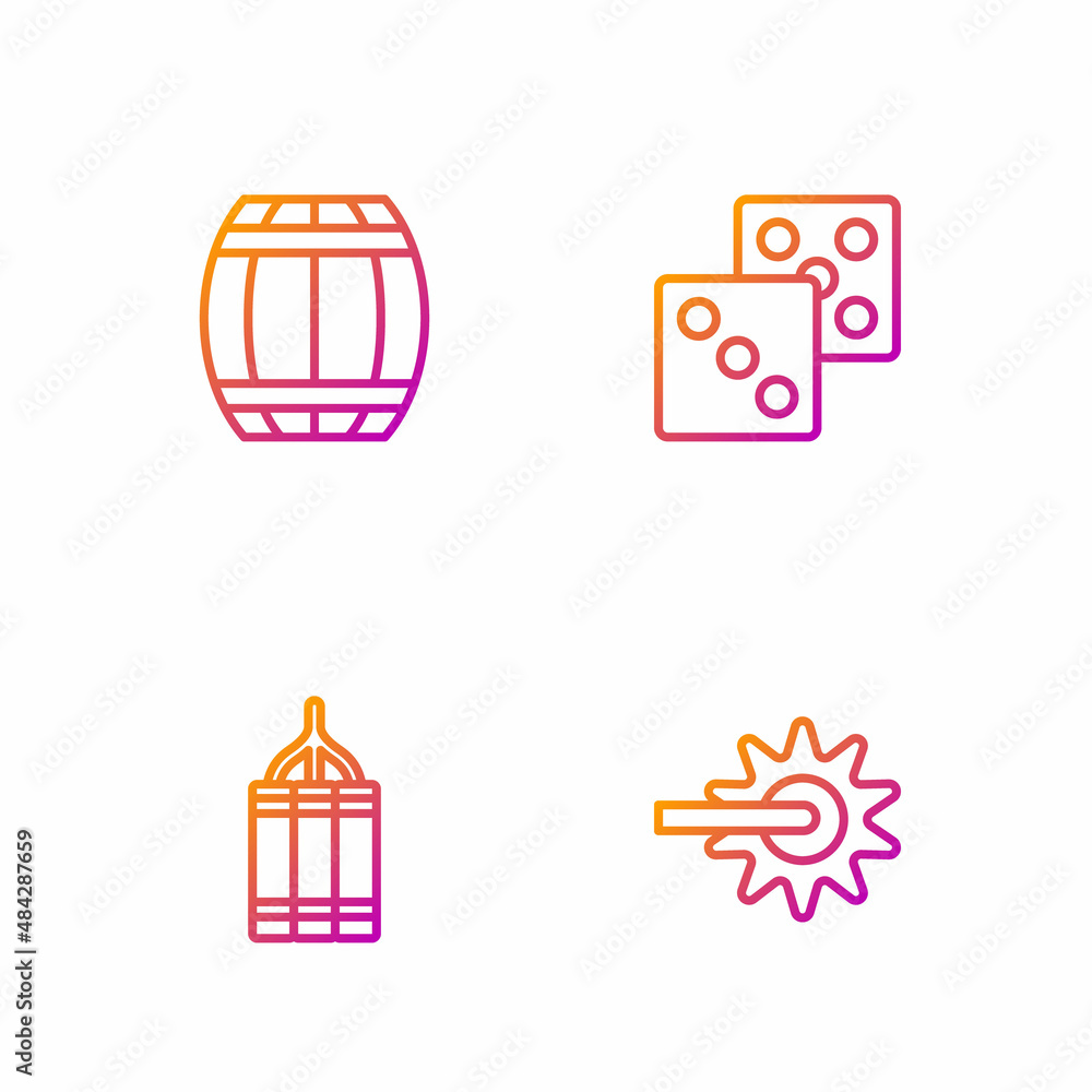 Naklejka premium Set line Spur, Dynamite bomb, Gun powder barrel and Game dice. Gradient color icons. Vector