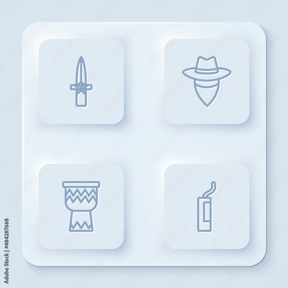 Set line Dagger, Cowboy, Drum and Dynamite bomb. White square button. Vector Set line Dagger, Cowboy, Drum and Dynamite bomb. White square button. Vector