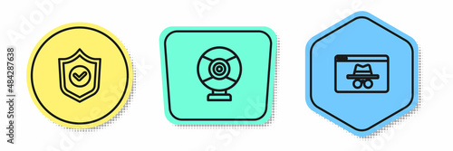 Set line Shield with check mark, Security camera and Browser incognito window. Colored shapes. Vector