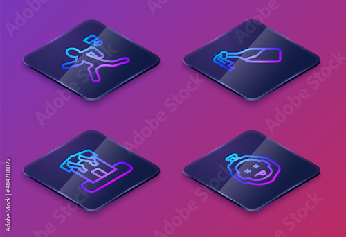 Set Isometric line Murder, Arson home, Cocktail molotov and . Blue square button. Vector