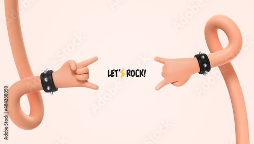 Rock stars music vector illustration. 3d cartoon ui hero hands Sign of the. Rock festival music banner template two hands gesture heavy metal isolated arms.
