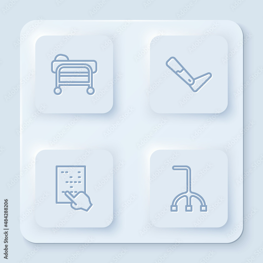 Set line Stretcher, Prosthesis leg, Braille and Walking stick cane. White square button. Vector Set line Stretcher, Prosthesis leg, Braille and Walking stick cane. White square button. Vector