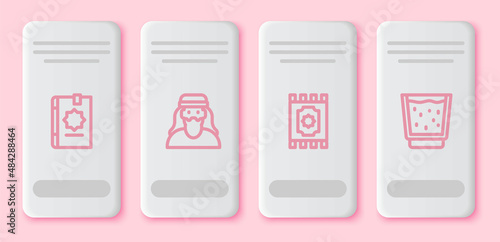 Set line Holy book of Koran, Muslim man, Traditional carpet and Glass with water. White rectangle button. Vector