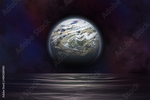 Earth like alien planet rises above an extraterrestrial ocean photo