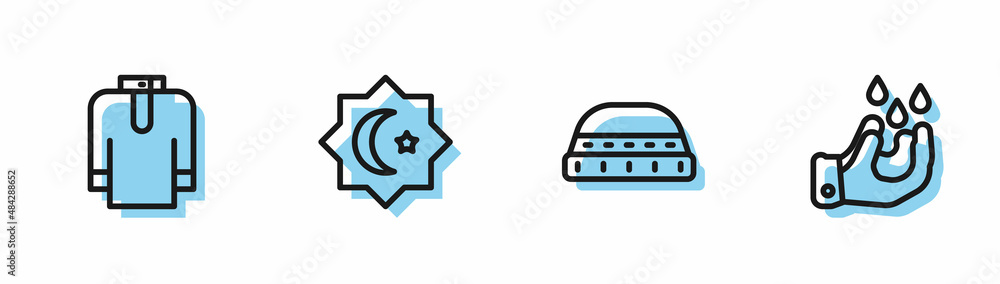 Set line Muslim hat for prayer, Shirt kurta, Octagonal star and Wudhu icon. Vector Set line Muslim hat for prayer, Shirt kurta, Octagonal star and Wudhu icon. Vector
