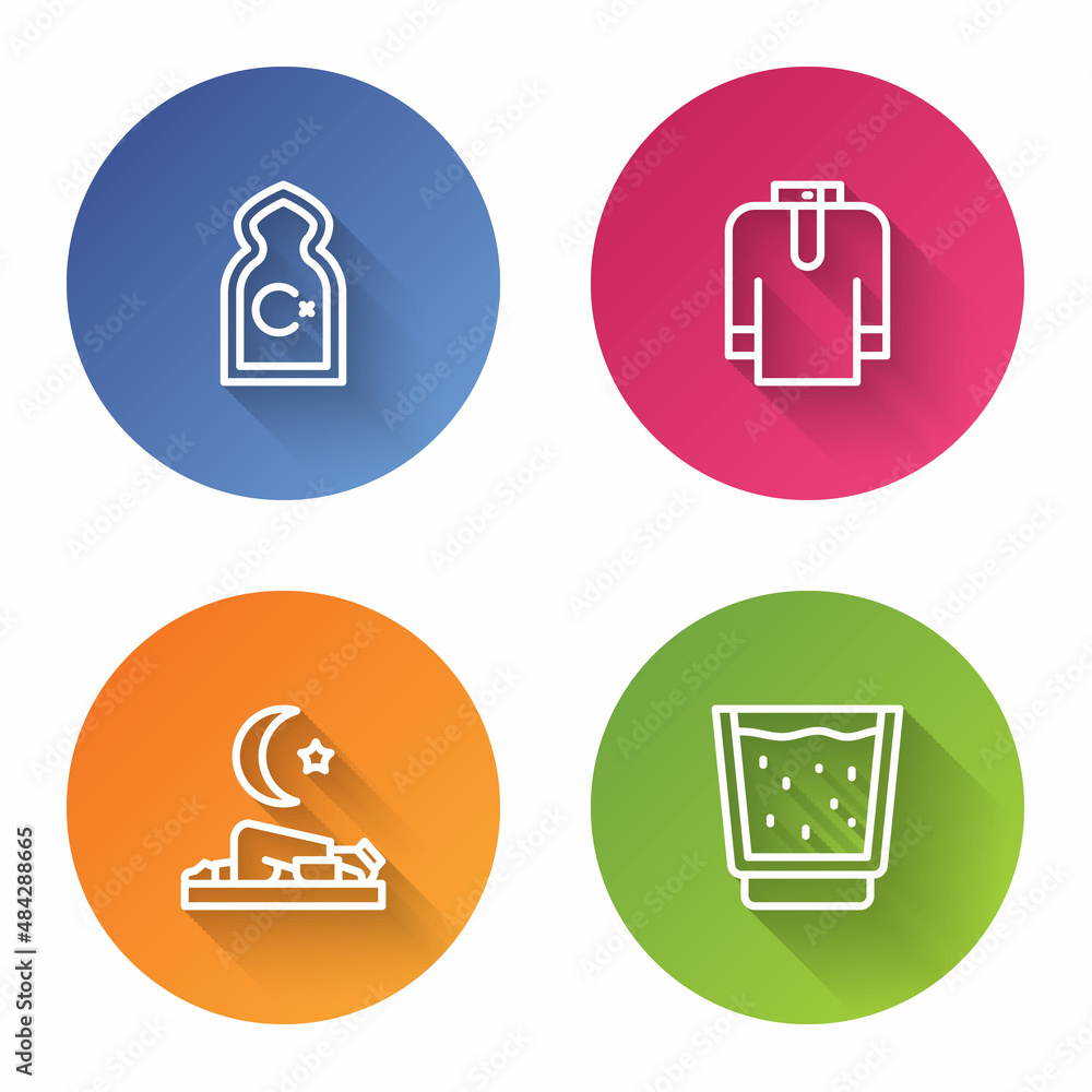 Set line Muslim Mosque, Shirt kurta, man prays and Glass with water. Color circle button. Vector Set line Muslim Mosque, Shirt kurta, man prays and Glass with water. Color circle button. Vector