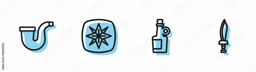 Set line Alcohol drink Rum, Smoking pipe, Wind rose and Pirate sword icon. Vector Set line Alcohol drink Rum, Smoking pipe, Wind rose and Pirate sword icon. Vector