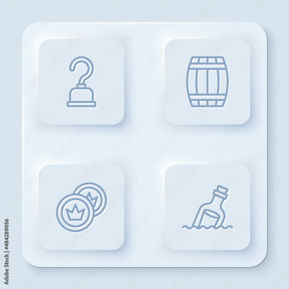 Set line Pirate hook, Wooden barrel, coin and Bottle with message water. White square button. Vector Set line Pirate hook, Wooden barrel, coin and Bottle with message water. White square button. Vector