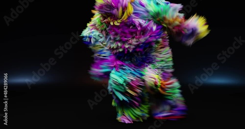 3d animation of a furry colorful monster dancing on a dance floor