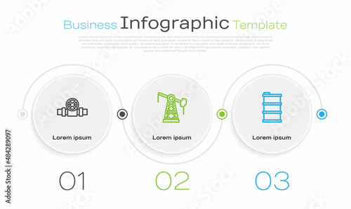 Set line Metallic pipes and valve, Oil pump or pump jack and Barrel oil. Business infographic template. Vector
