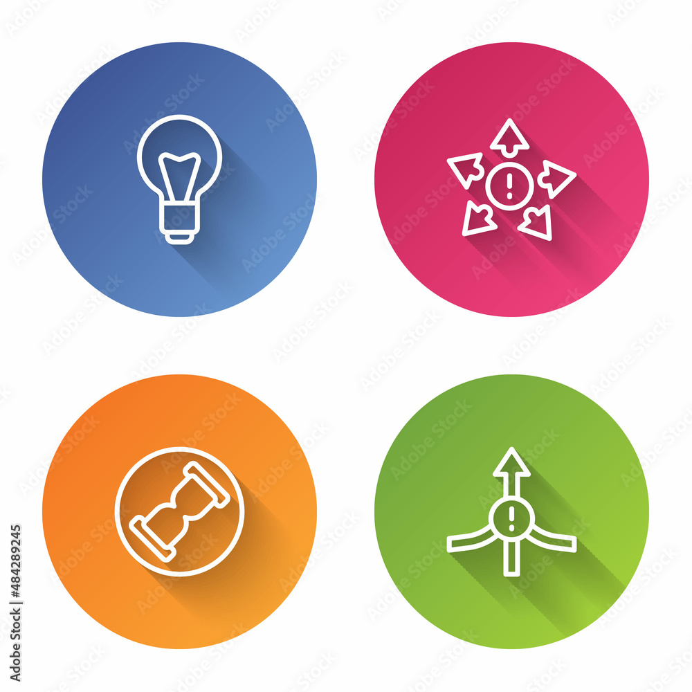 Set line Light bulb, Many ways directional arrow, Old hourglass with sand and Arrow. Color circle button. Vector Set line Light bulb, Many ways directional arrow, Old hourglass with sand and Arrow. Color circle button. Vector