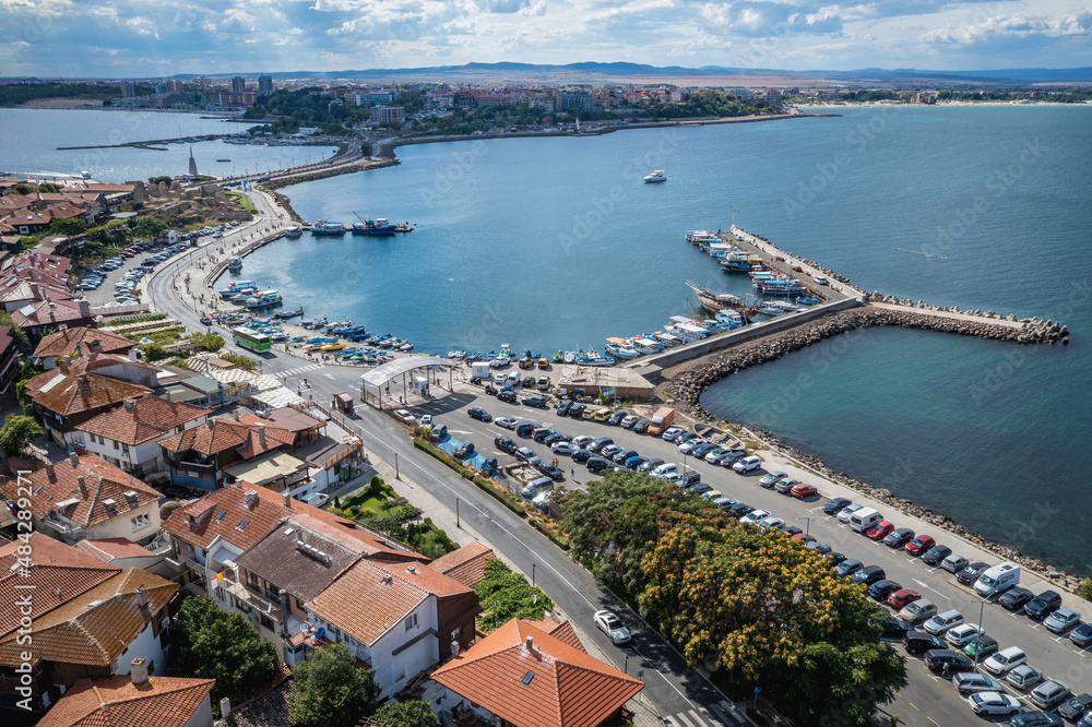 Drone aerial view of Old Town of Nesebar city in Bulgaria