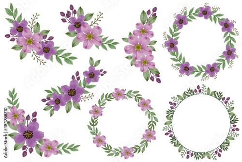 arrangement of watercolor floral frame bouquets of purple flowers vector design for wedding invitation%09