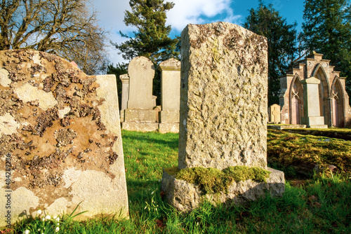 Kincardine Graveyard. St Lolan's Church And Burial Ground. County Stirling. Scotland. U.K. Site of former parish church. Contains two burial enclosures, both with fine armorial panels of 1699.  photo