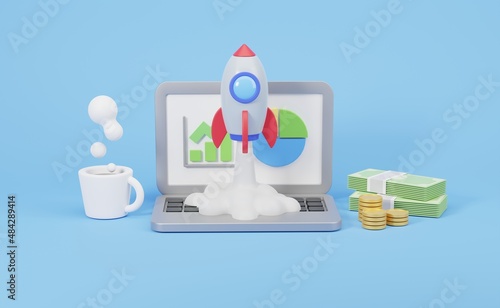 3D illustration Successful launch of startup. Rocket flies up from laptop