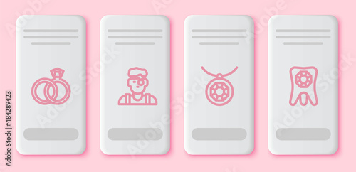 Set line Wedding rings, Jeweler man, Pendant on necklace and Tooth with diamond. White rectangle button. Vector
