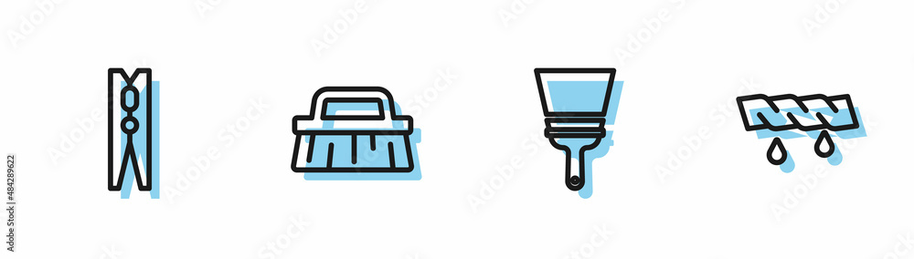 Set line Rubber cleaner for windows, Clothes pin, Brush cleaning and Squeeze clothes icon. Vector Set line Rubber cleaner for windows, Clothes pin, Brush cleaning and Squeeze clothes icon. Vector
