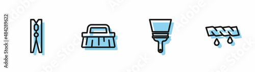 Set line Rubber cleaner for windows, Clothes pin, Brush cleaning and Squeeze clothes icon. Vector