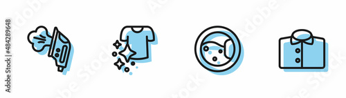 Set line Washer, Electric iron, Drying clothes and T-shirt icon. Vector