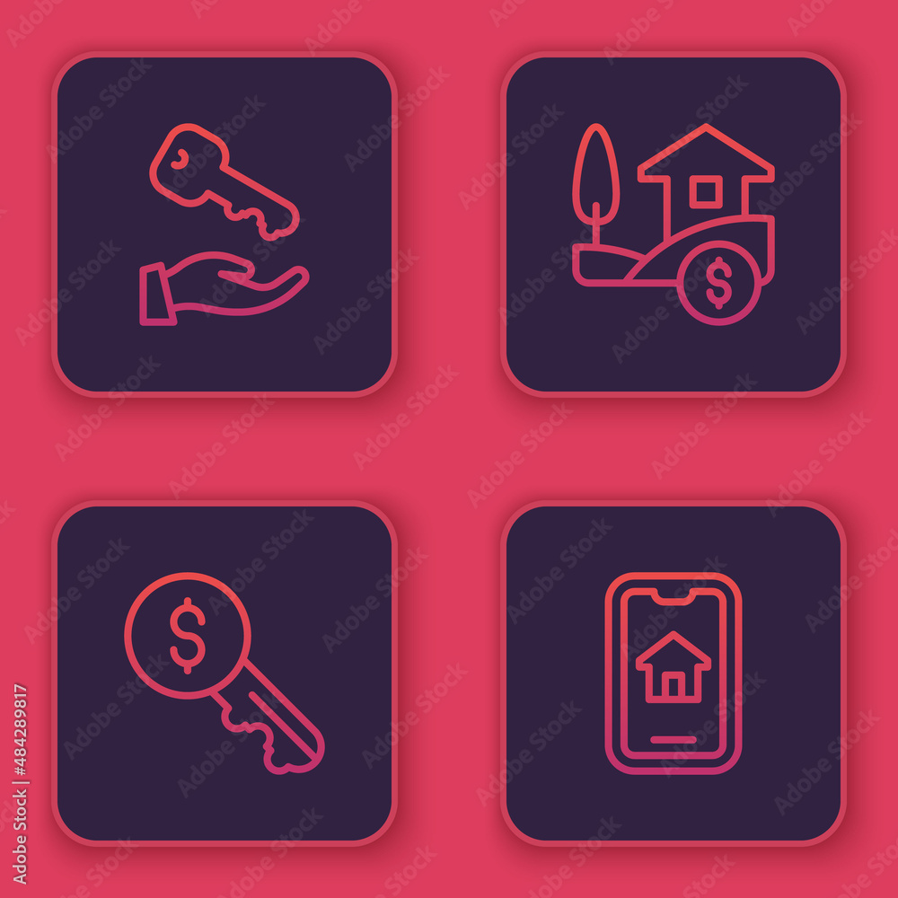 Set line House key, Rent, with dollar and Online real estate. Blue square button. Vector Set line House key, Rent, with dollar and Online real estate. Blue square button. Vector