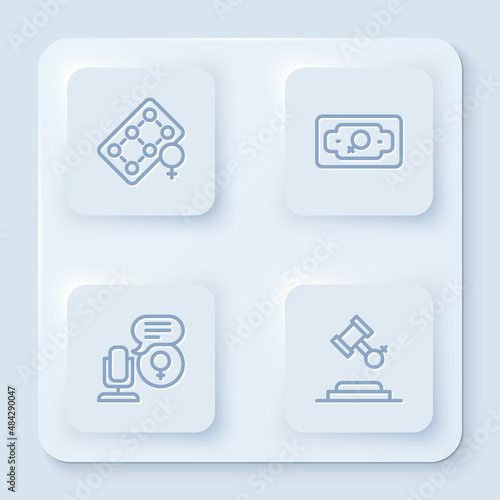Set line Packaging of birth control pills, Money growth woman, Microphone and Female rights. White square button. Vector