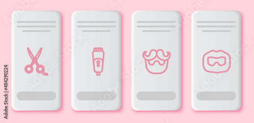 Set line Scissors hairdresser, Electric razor blade, Mustache and beard and . White rectangle button. Vector