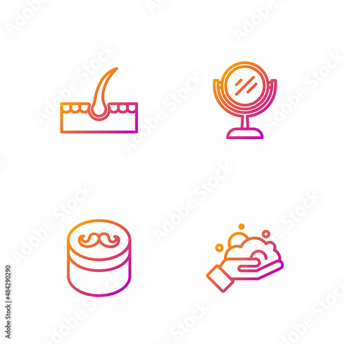 Set line Shaving foam on hand, Gel or wax for hair styling, Human follicle and Hand mirror. Gradient color icons. Vector