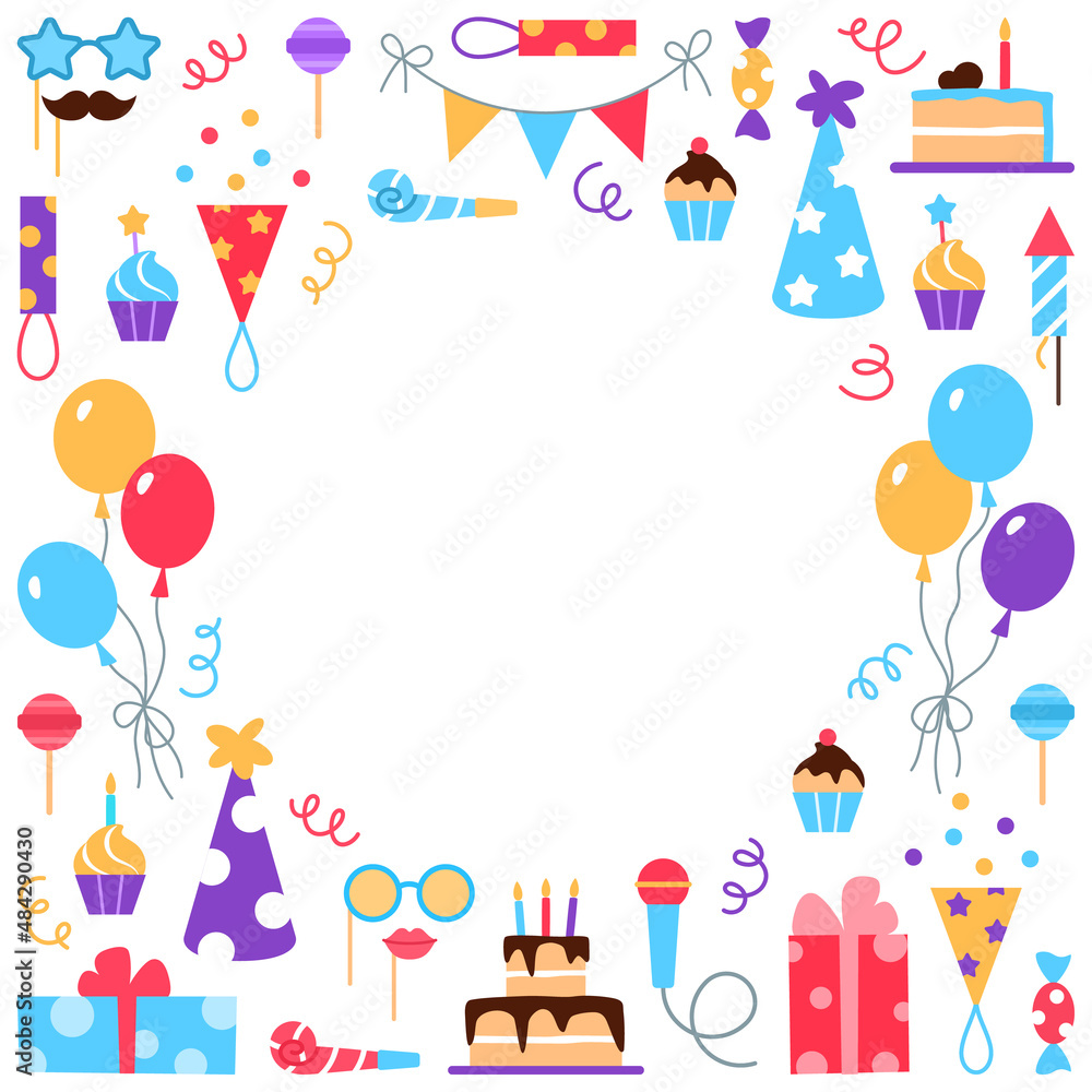 Birthday party background. Greeting card invitation with text space. Anniversary celebration holiday event design. Festive graphic element birthday cake balloon gift hat rocket hat vector illustration Birthday party background. Greeting card invitation with text space. Anniversary celebration holiday event design. Festive graphic element birthday cake balloon gift hat rocket hat vector illustration
