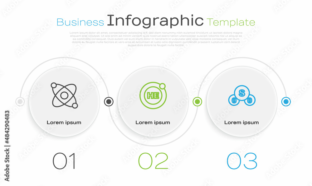 Set line Atom, Helium and Sulfur dioxide SO2. Business infographic template. Vector Set line Atom, Helium and Sulfur dioxide SO2. Business infographic template. Vector