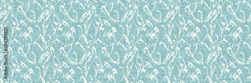 Aegean teal mottled border strip linen texture background. Summer coastal living style home decor fabric effect. Sea green wash grunge edge material. Decorative textile seamless pattern banner. 