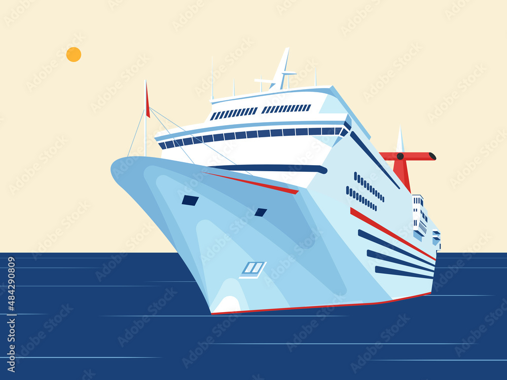 Cruise ship in open sea landscape illustration. Flat design color design. Holiday, travel illustration. Big yacht.