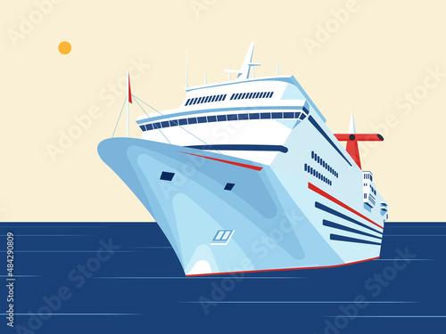 Cruise ship in open sea landscape illustration. Flat design color design. Holiday  travel illustration. Big yacht.