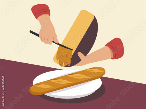 Pouring melted cheese on a baguette. Melted cheese oozing off. Hands of a person melting the cheese with a knife. Vector.